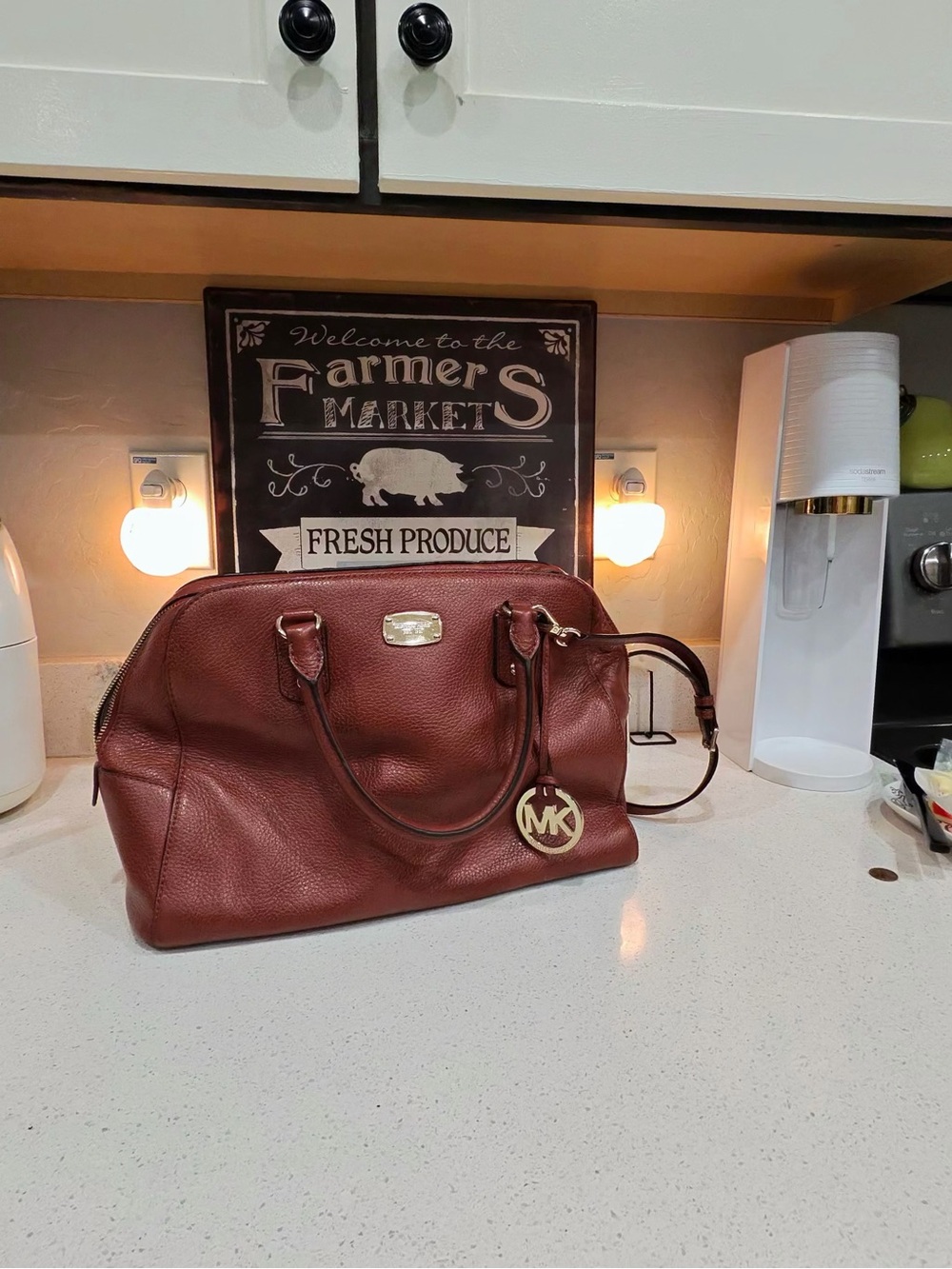 Michael Kors Pebbled Leather Satchel in Chestnut Brown with Gold Hardware